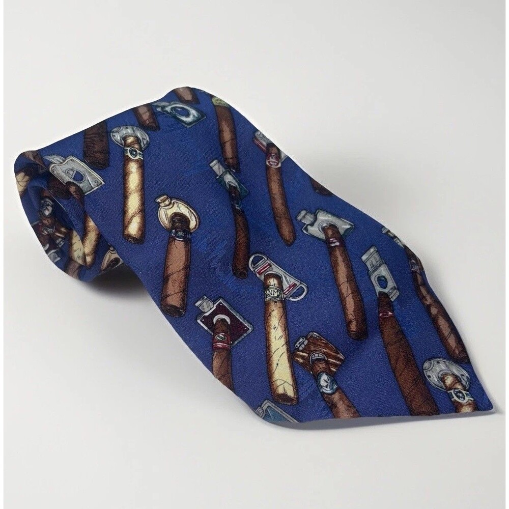 Nicole Miller Cigar Tie 100% Blue Silk, Tobacciana Cutting 1996 Cigars Cutters